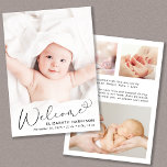 Moderne Willkommensfotografie Geburtshinweis Ankündigung<br><div class="desc">Eine moderne Karte,  um die Geburt Ihres Babys anzukündigen,  mit seinem oder ihrem Foto überlagert mit "Welcome",  geschrieben in einem stilvollen Drehbuch mit einem Herzschlag. Fügen Sie unten seinen Namen,  das Geburtsdatum und die Geburtsdaten hinzu. Fügen Sie auf der Rückseite drei zusätzliche Bilder und eine personalisierte Nachricht hinzu.</div>