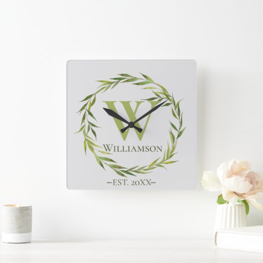 Moderne Willow-Blätter Mit Monogramm Quadratische Wanduhr (Zuhause)