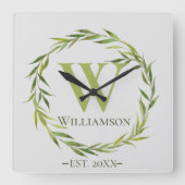 Moderne Willow-Blätter Mit Monogramm Quadratische Wanduhr (Vorderseite)