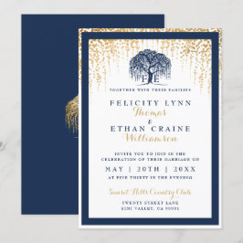 Moderne Willow Tree Navy Gold Hochzeit Einladung