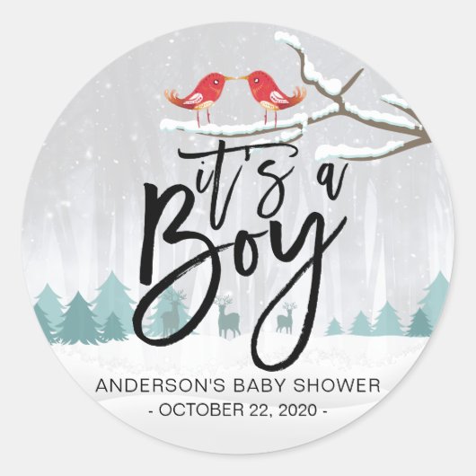 Moderne Winter Baby-Dusche / Es ist eine Boy-Snow- Runder Aufkleber (Vorderseite)