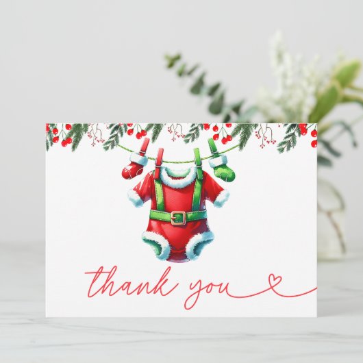 Moderne Winter Red Christmas Santa Baby Dusche Dankeskarte (Stehend Vorderseite)