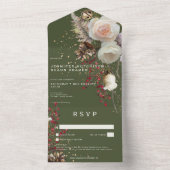 Moderne Winter Rose & Red Berries Green No Dinner All In One Einladung (Innen Boden)