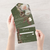 Moderne Winter-Rose und Red Berries Green Dinner All In One Einladung (Abreißen)
