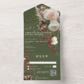 Moderne Winter-Rose und Red Berries Grüner QR-Code All In One Einladung (Innen Boden)