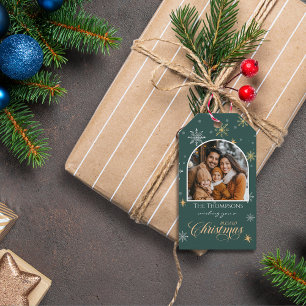 Moderne Winter-Schneeflocken-Foto Grün Weihnachten Geschenkanhänger