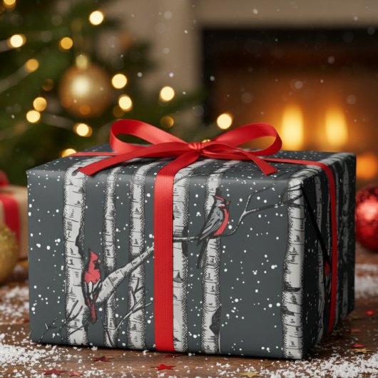 Moderne Winter-Schwarze Kardinal-Verschneite Birke Geschenkpapier