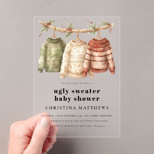 Moderne Winter Ugly Sweater Baby Dusche Acryleinladungen (Insitu (Handheld))