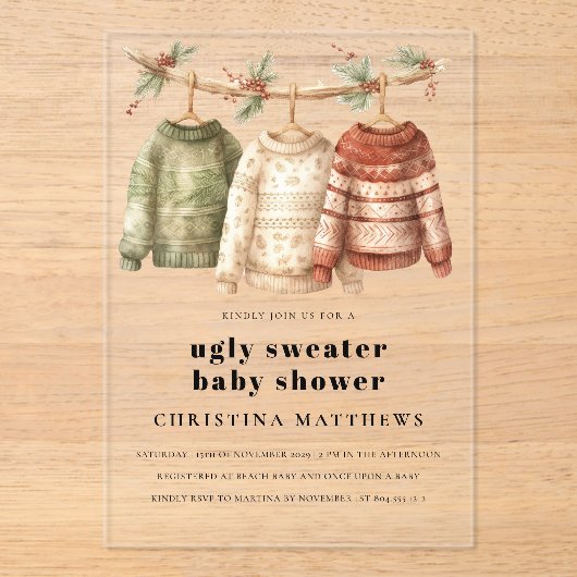 Moderne Winter Ugly Sweater Baby Dusche Acryleinladungen (Vorderseite)