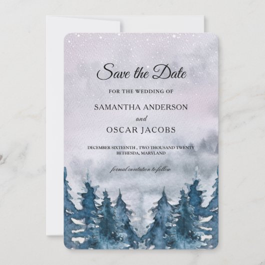 Moderne Winter-Wasserfarbe-Wald Blau Datum speiche Save The Date (Vorderseite)