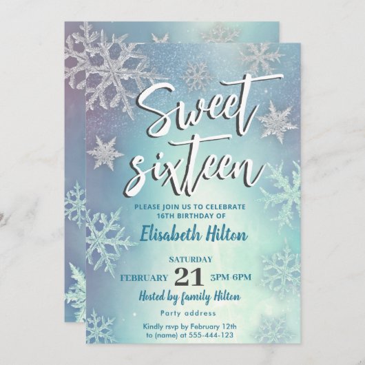 Moderne Winter Wunderland Schneeflocken süß 16 Einladung (Vorne/Hinten)