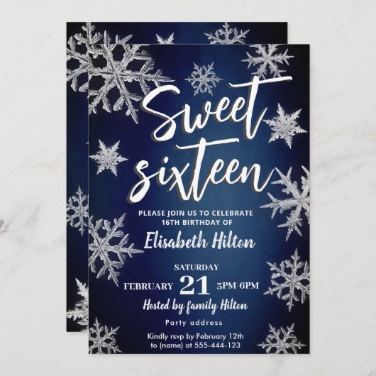 Moderne Winter Wunderland Schneeflocken süß 16 Einladung (Vorne/Hinten)