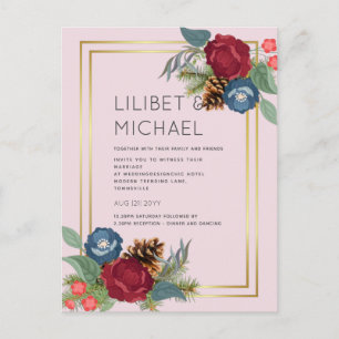 Moderne Winterhochzeit Burgund Teal Blau Postkarte