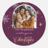 Moderne Winterschneeflocken Foto Burgund Weihnacht Runder Aufkleber (Vorderseite)