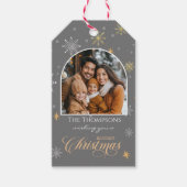 Moderne Winterschneeflocken Foto Grau Weihnachten Geschenkanhänger (Vorderseite)