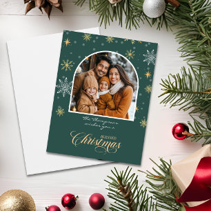 Moderne Winterschneeflocken Foto Grün Weihnachten Karte