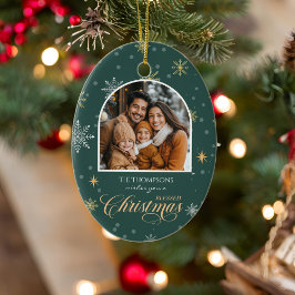 Moderne Winterschneeflocken Foto Grün Weihnachten Keramik Ornament