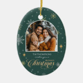 Moderne Winterschneeflocken Foto Grün Weihnachten Keramik Ornament (Vorne)