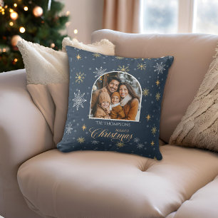 Moderne Winterschneeflocken Foto Navy Weihnachten Kissen