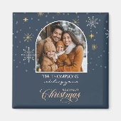Moderne Winterschneeflocken Foto Navy Weihnachten Magnet (Vorne)