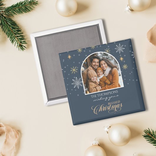 Moderne Winterschneeflocken Foto Navy Weihnachten Magnet