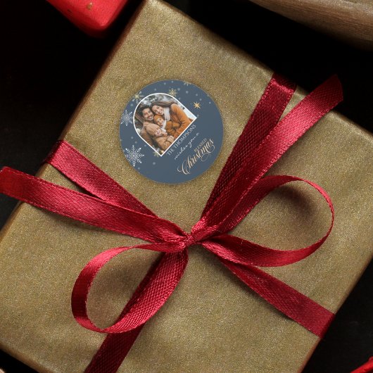 Moderne Winterschneeflocken Foto Navy Weihnachten Runder Aufkleber