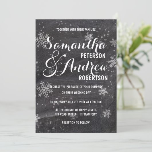 Moderne Winterschneeflocken Hochzeit Einladung (Stehend Vorderseite)