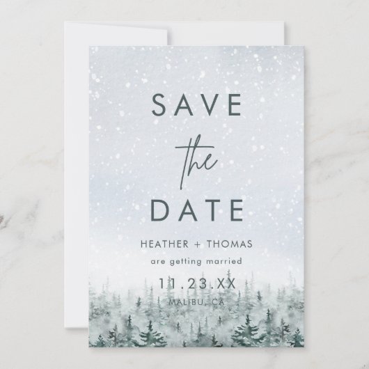 Moderne Winterwald-Hochzeit Save the Date (Vorderseite)