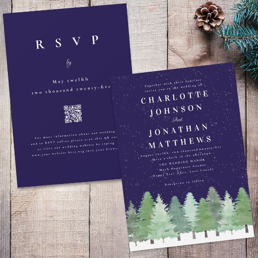 Moderne Winterwald Navyblaue QR-Code-Hochzeit Einladung