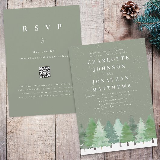Moderne Winterwälder QR-Code Sage Green Wedding Einladung