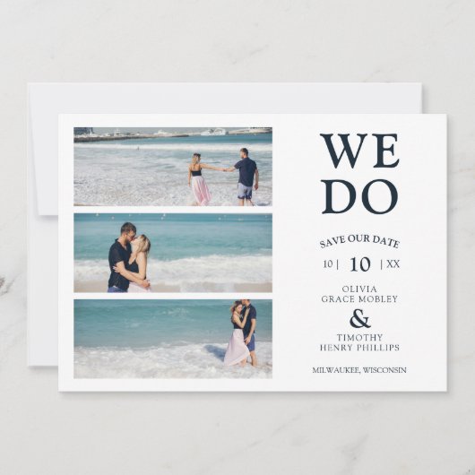 Moderne wir machen Kalligrafie 3 Fotos Collage Wed Save The Date (Vorderseite)