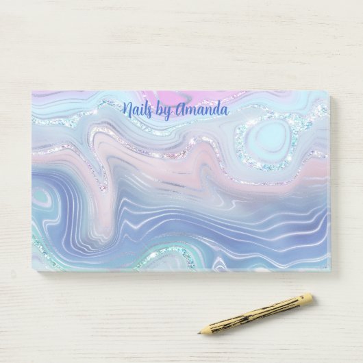 Moderne Wirbel in Rosa und Blau Glitzer Post-it Klebezettel (Auf Schreibtisch)