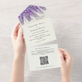 Moderne Wisteria Watercolor Lila QR Code Wedding All In One Einladung