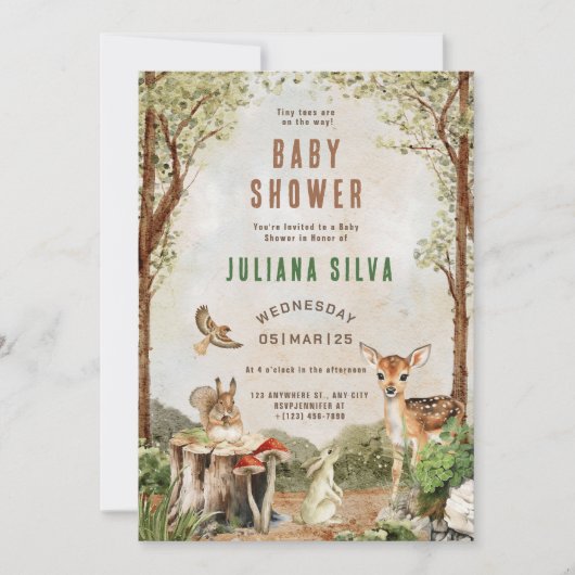 Moderne Woodland Animals Forest Girl Baby Dusche Einladung (Vorderseite)