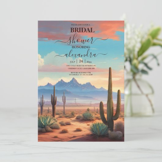 Moderne Wüstenkaktus Landschaftshochzeit Einladung (Stehend Vorderseite)