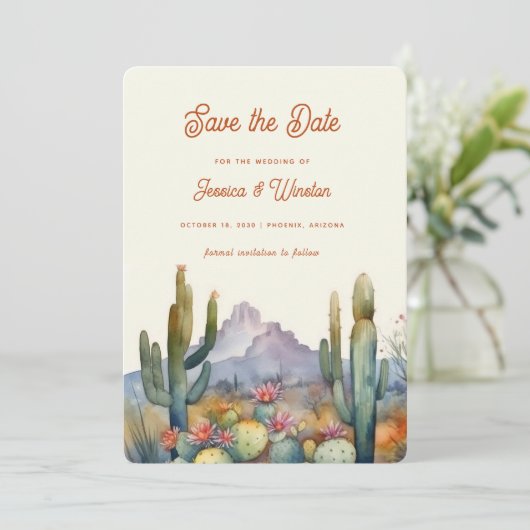 Moderne Wüstenkaktus Save the Date Einladung (Stehend Vorderseite)