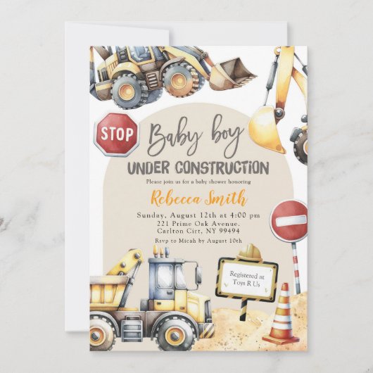 Moderne Yellow Construction Boy Baby Dusche Einladung (Vorderseite)