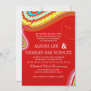 Moderne Yellow Orange Aqua Mint Red Paisley Weddin Einladung