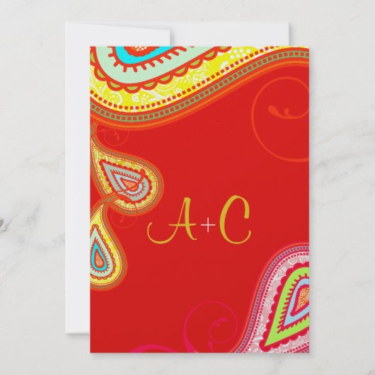 Moderne Yellow Orange Aqua Mint Red Paisley Weddin Einladung (Rückseite)