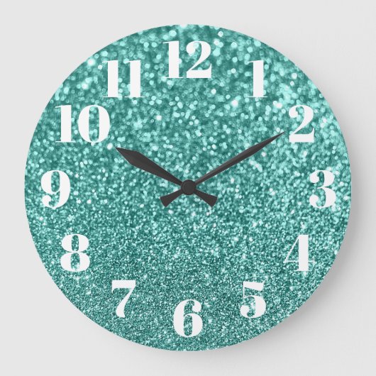Moderne Zahlen Imitate Funkelnd Aquamariner Glitze Große Wanduhr (Vorderseite)