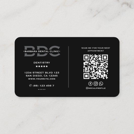 Moderne Zahnarztklinik Zahnkosmetik Schwarz Grau Visitenkarte (Rückseite)