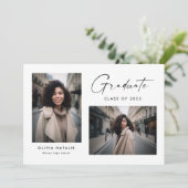 Moderne, zarte Schrift mit zwei Fotos Abschluss Ankündigung (Stehend Vorderseite)