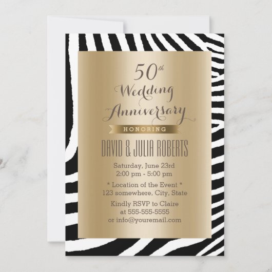 Moderne Zebra Stripes Gold 50 Jahre Hochzeit Einladung (Vorderseite)