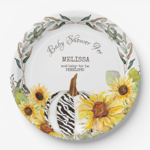 Moderne Zebra White Pumpkin Sunflowers Baby Dusche Pappteller