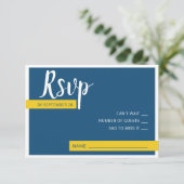 Moderne zeitgenössische blaue und gelbe Hochzeit m RSVP Karte (Stehend Vorderseite)