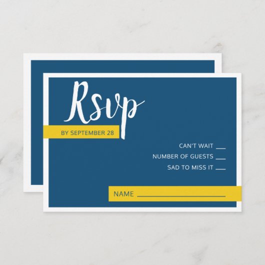 Moderne zeitgenössische blaue und gelbe Hochzeit m RSVP Karte (Vorne/Hinten)