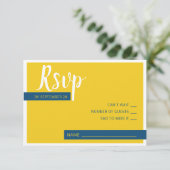 Moderne zeitgenössische blaue und gelbe Hochzeit m RSVP Karte (Stehend Vorderseite)