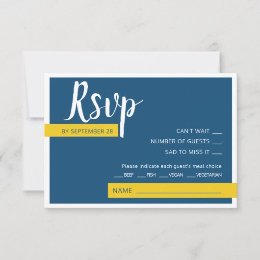 Moderne zeitgenössische blaue und gelbe Hochzeit m RSVP Karte (Vorderseite)