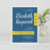 Moderne, zeitgenössische, blaue und gelbe Minimalh Einladung (Stehend Vorderseite)