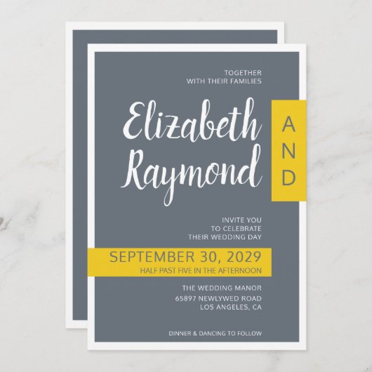Moderne, zeitgenössische graue und gelbe Minimalho Einladung (Vorne/Hinten)